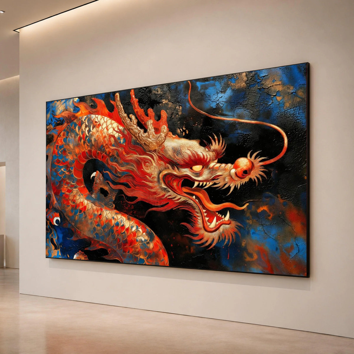 Fierce Red Dragon Canvas Wall Art, Asian Mythical Creature Painting, Fiery Dragon Head Decoration, Oriental Fantasy Canvas Canvas Print Art