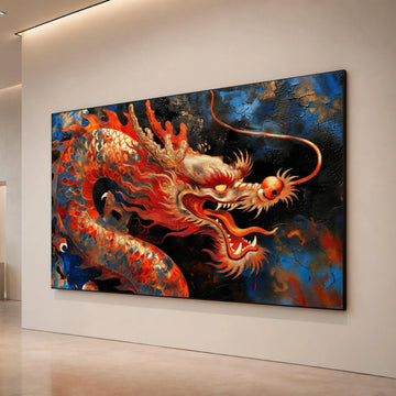 Fierce Red Dragon Canvas Wall Art, Asian Mythical Creature Painting, Fiery Dragon Head Decoration, Oriental Fantasy Canvas Canvas Print Art