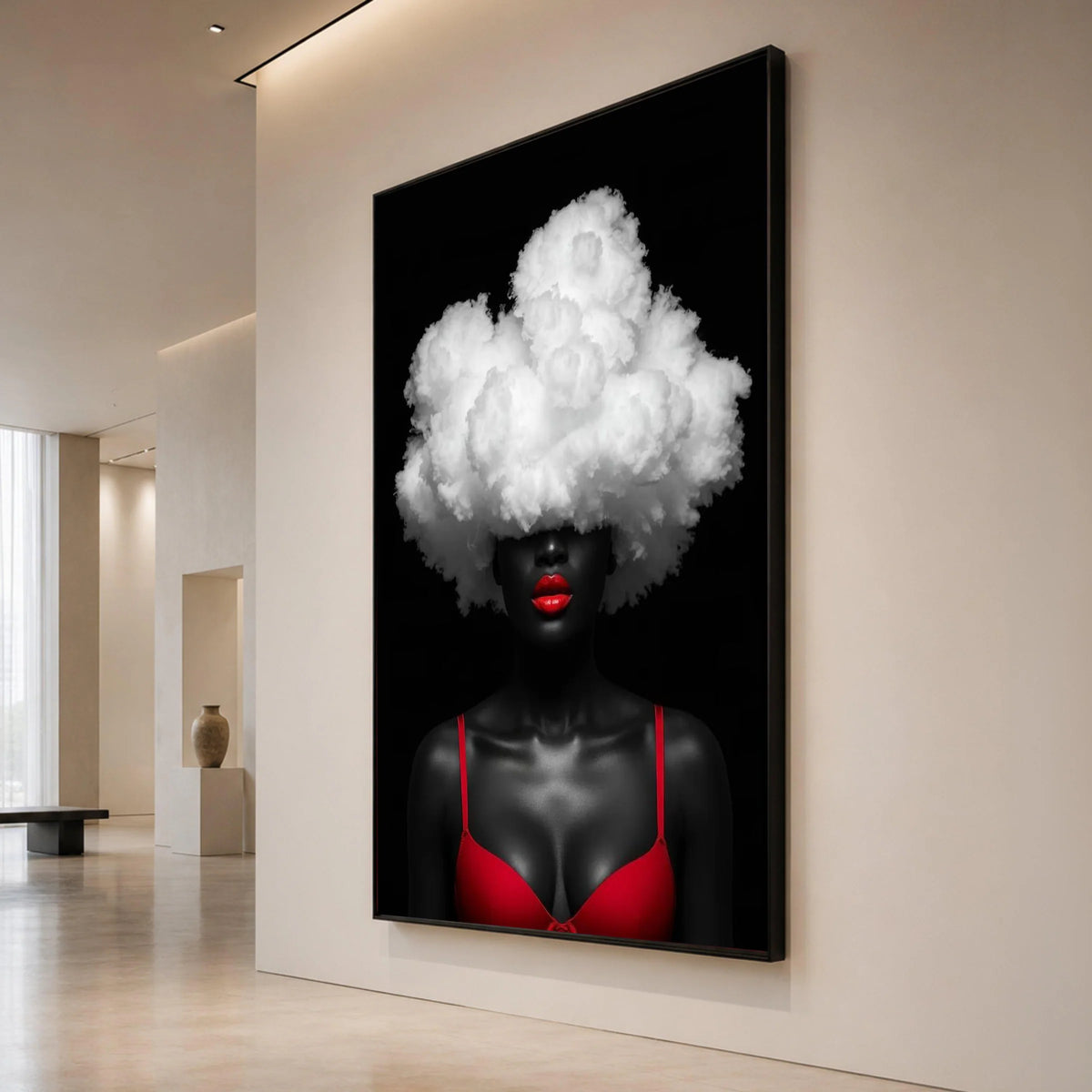 Bold Red Lips and Cloud Hair Canvas, Abstract Portrait Wall Art, Modern Contemporary Canvas, Black Background Canvas Art, Canvas Print Art