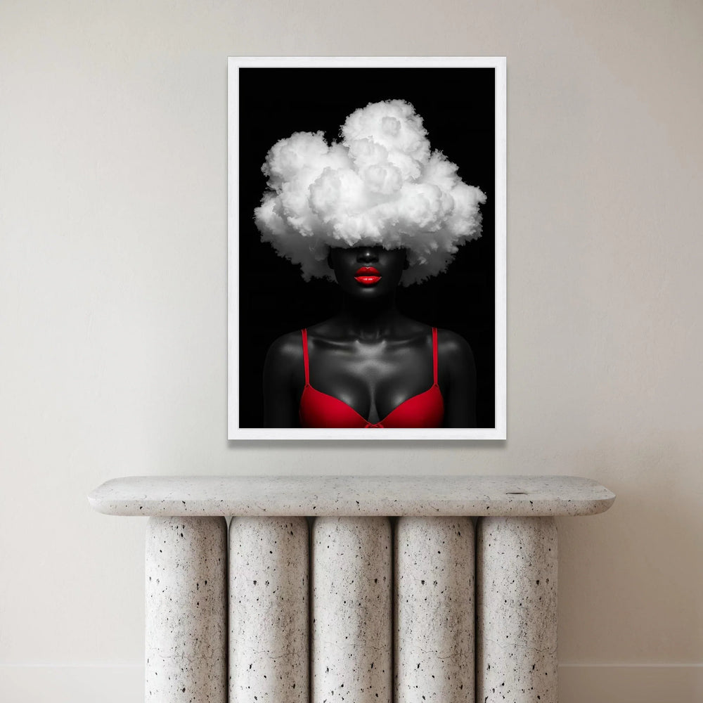 Bold Red Lips and Cloud Hair Canvas, Abstract Portrait Wall Art, Modern Contemporary Canvas, Black Background Canvas Art, Canvas Print Art