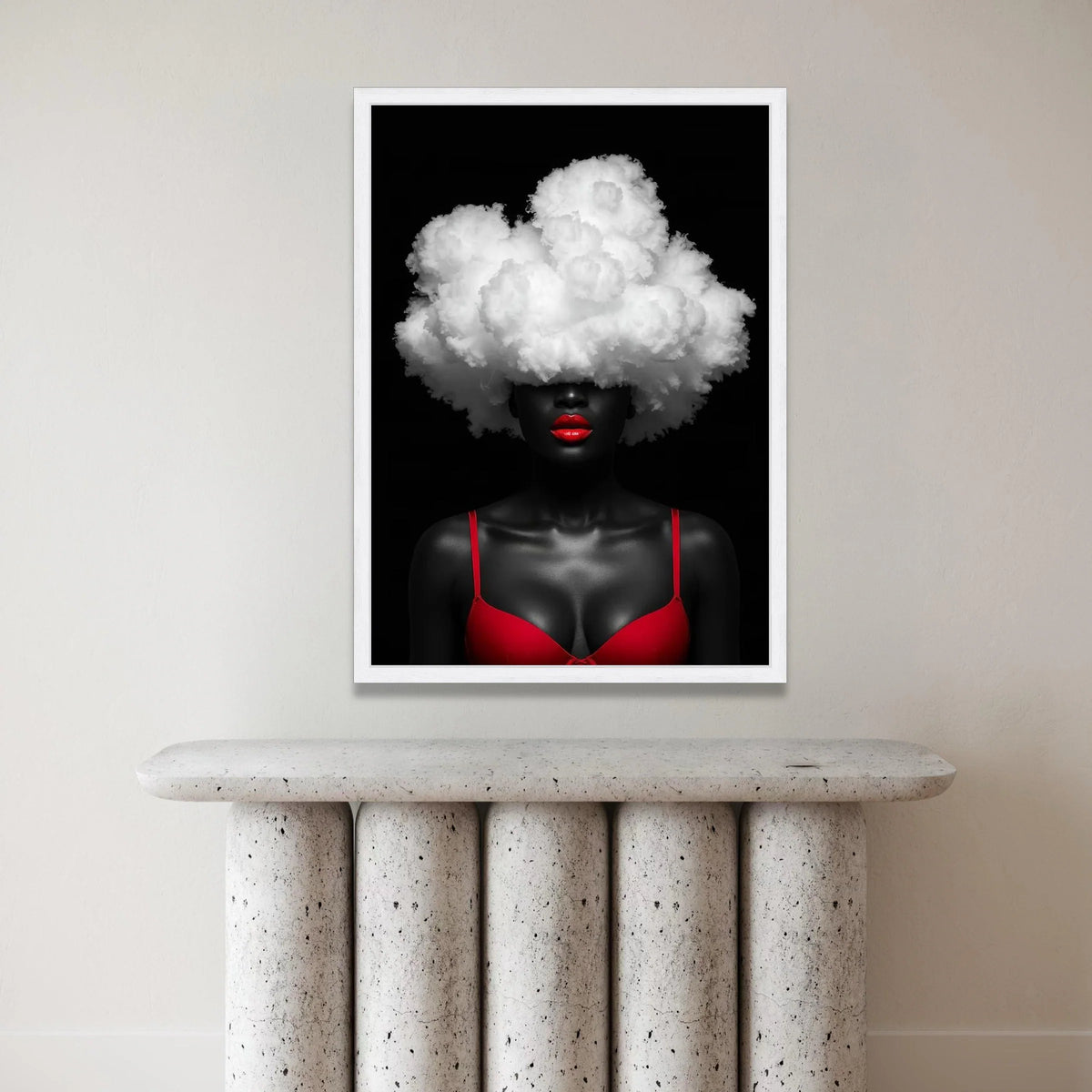 Bold Red Lips and Cloud Hair Canvas, Abstract Portrait Wall Art, Modern Contemporary Canvas, Black Background Canvas Art, Canvas Print Art
