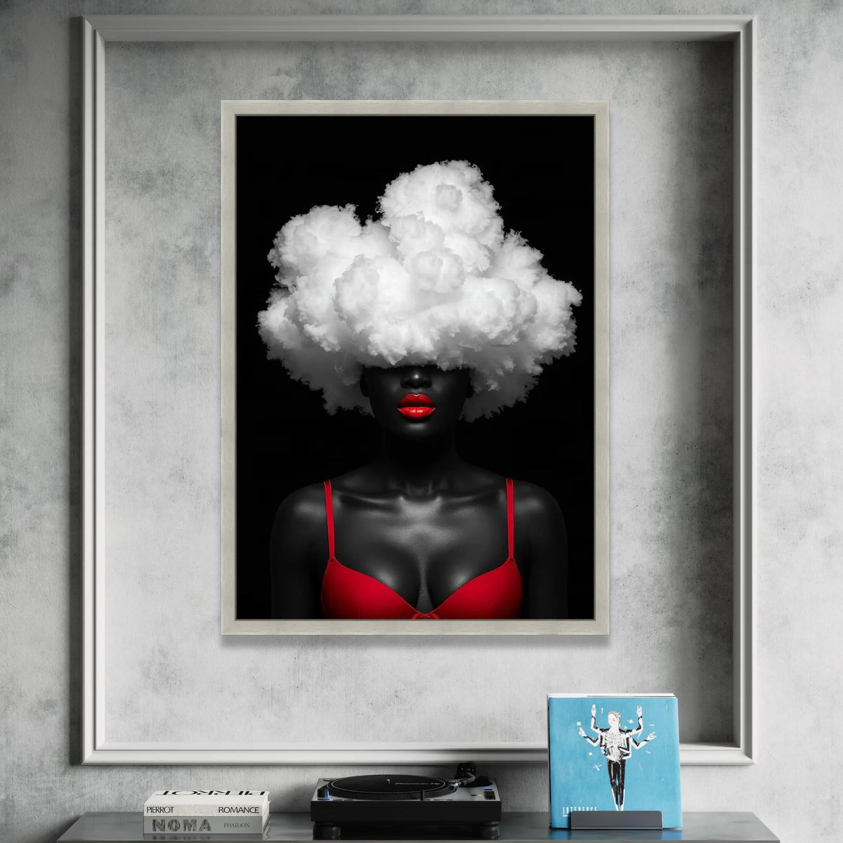 Bold Red Lips and Cloud Hair Canvas, Abstract Portrait Wall Art, Modern Contemporary Canvas, Black Background Canvas Art, Canvas Print Art