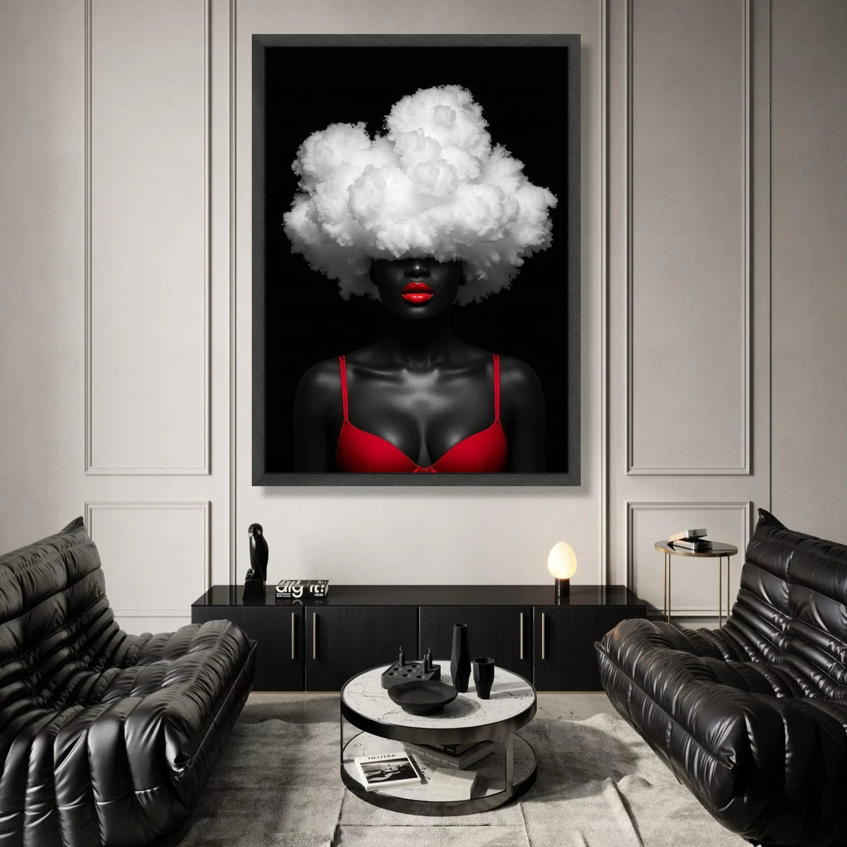 Bold Red Lips and Cloud Hair Canvas, Abstract Portrait Wall Art, Modern Contemporary Canvas, Black Background Canvas Art, Canvas Print Art