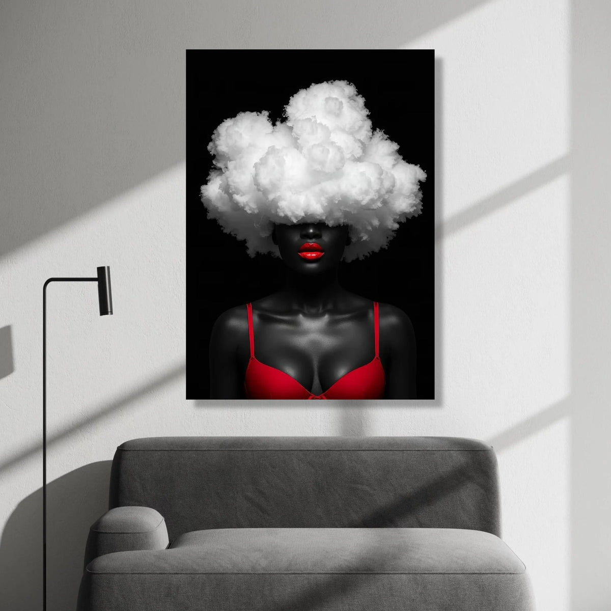 Bold Red Lips and Cloud Hair Canvas, Abstract Portrait Wall Art, Modern Contemporary Canvas, Black Background Canvas Art, Canvas Print Art