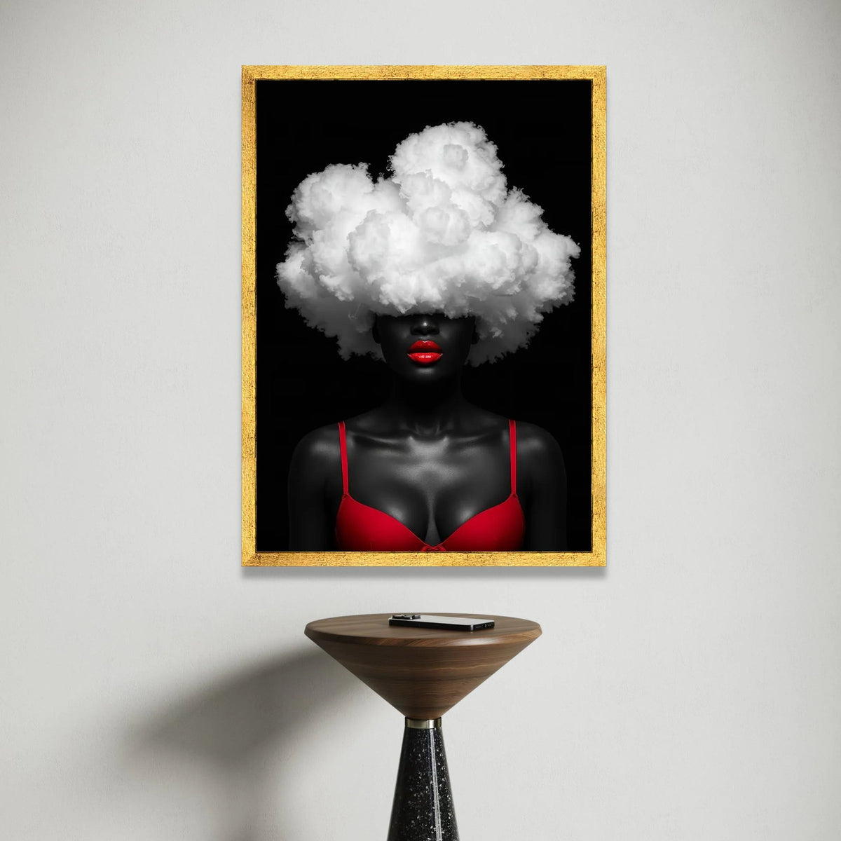 Bold Red Lips and Cloud Hair Canvas, Abstract Portrait Wall Art, Modern Contemporary Canvas, Black Background Canvas Art, Canvas Print Art