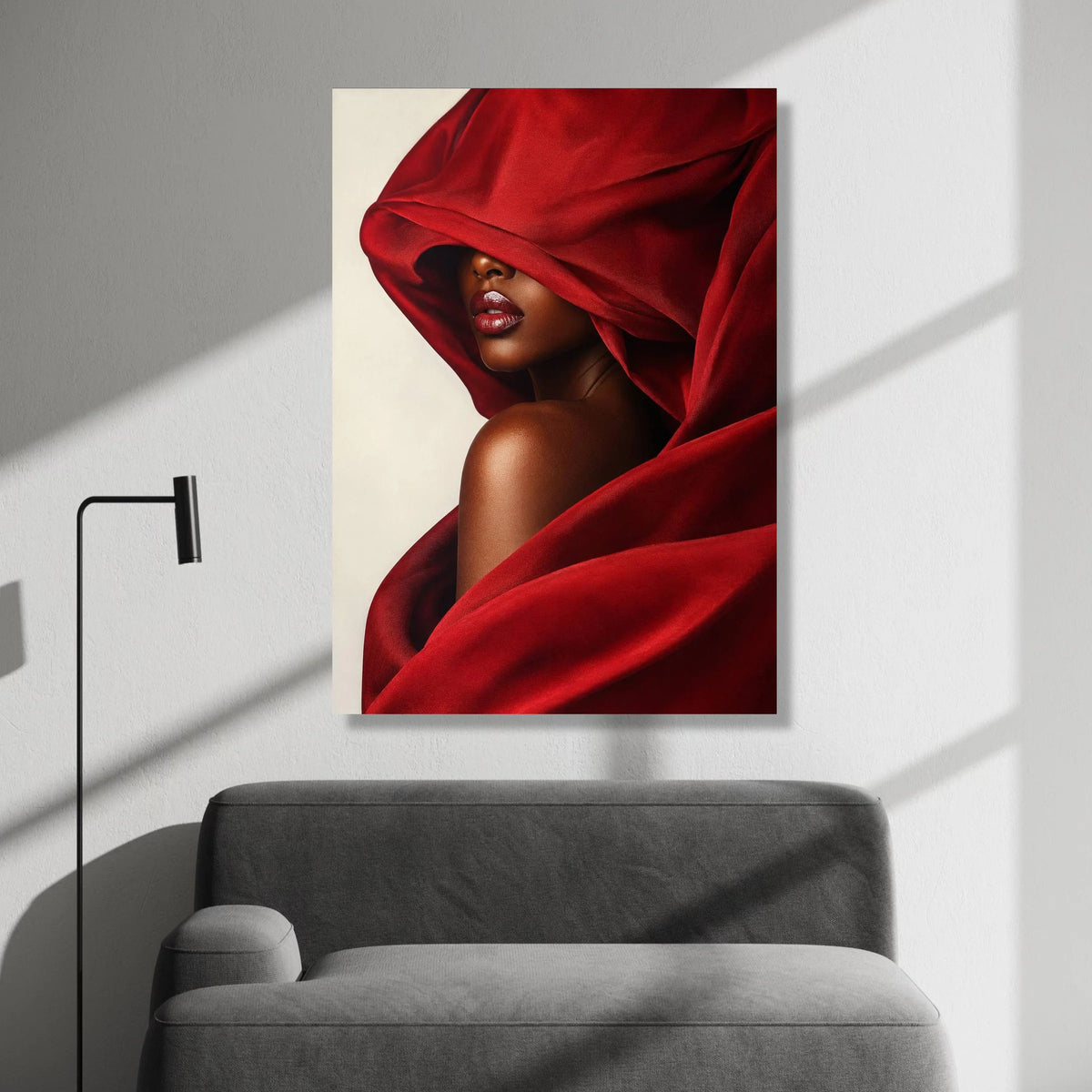 Elegant Woman Red Draped Fabric, Glamorous Portrait Canvas, Fashion Wall Art, Modern Beauty Decor, Luxurious Home Canvas Print Art