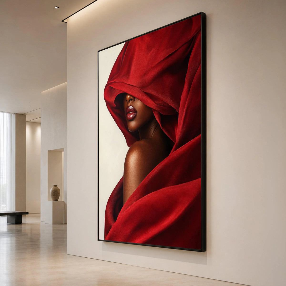 Elegant Woman Red Draped Fabric, Glamorous Portrait Canvas, Fashion Wall Art, Modern Beauty Decor, Luxurious Home Canvas Print Art