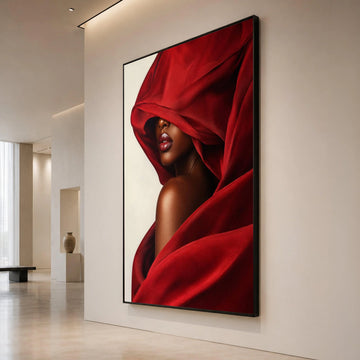 Elegant Woman Red Draped Fabric, Glamorous Portrait Canvas, Fashion Wall Art, Modern Beauty Decor, Luxurious Home Canvas Print Art