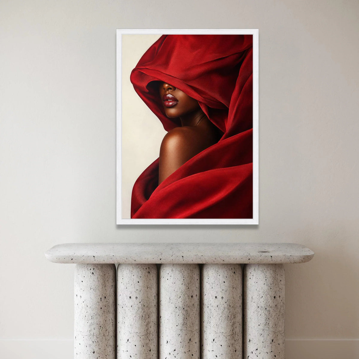 Elegant Woman Red Draped Fabric, Glamorous Portrait Canvas, Fashion Wall Art, Modern Beauty Decor, Luxurious Home Canvas Print Art