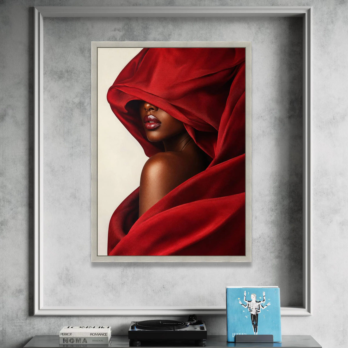 Elegant Woman Red Draped Fabric, Glamorous Portrait Canvas, Fashion Wall Art, Modern Beauty Decor, Luxurious Home Canvas Print Art