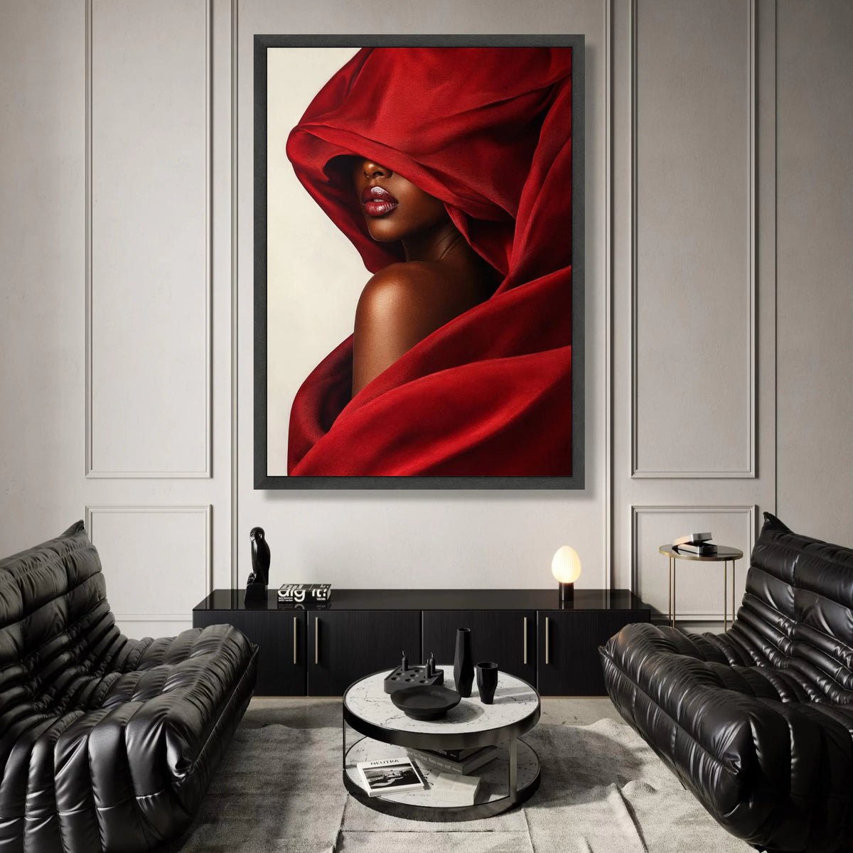 Elegant Woman Red Draped Fabric, Glamorous Portrait Canvas, Fashion Wall Art, Modern Beauty Decor, Luxurious Home Canvas Print Art
