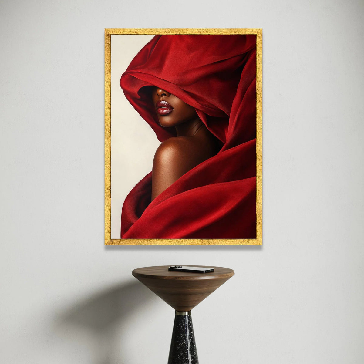 Elegant Woman Red Draped Fabric, Glamorous Portrait Canvas, Fashion Wall Art, Modern Beauty Decor, Luxurious Home Canvas Print Art