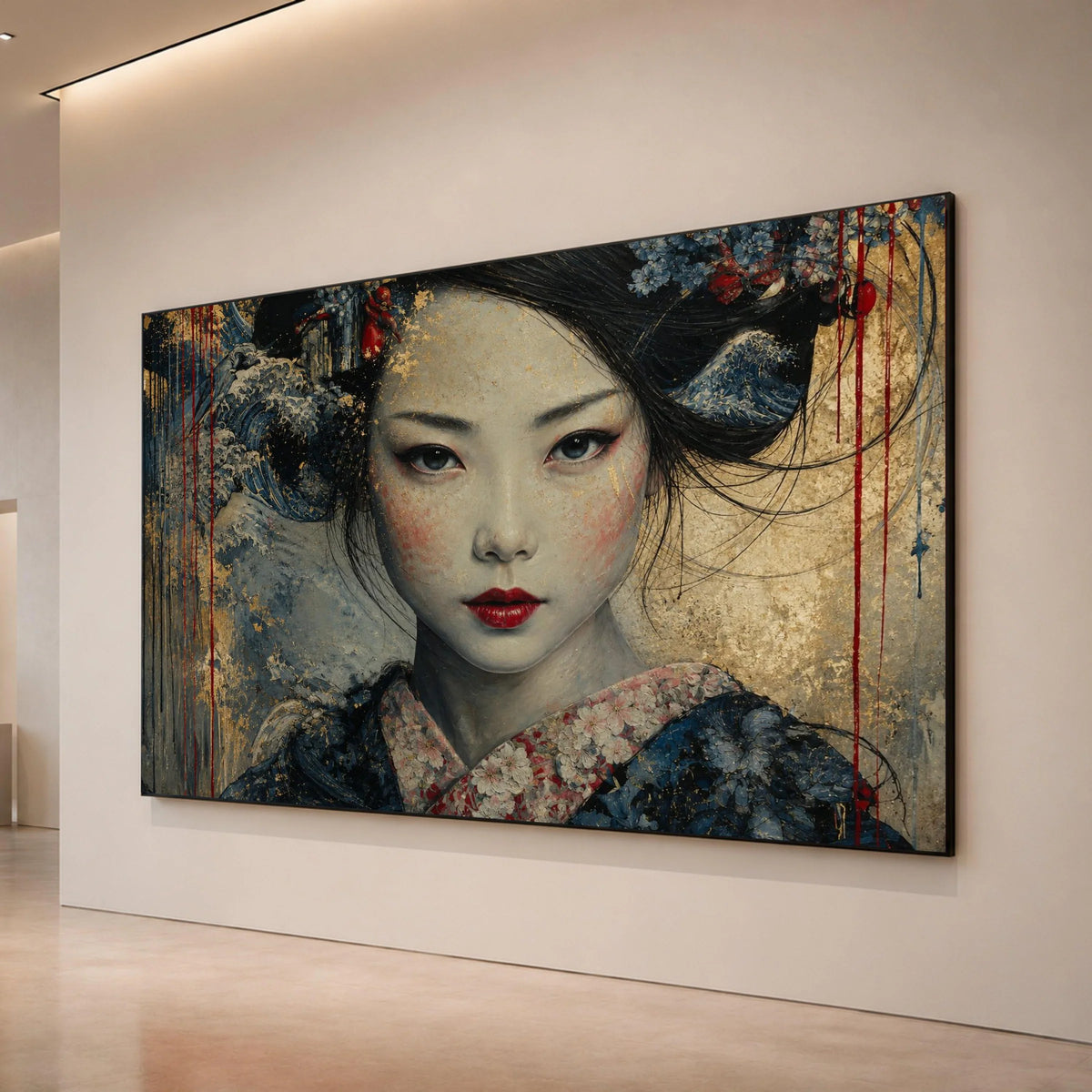 Elegant Geisha Portrait Canvas, Asian Woman Wall Art, Floral Kimono Canvas, Traditional Japanese Style, Contemporary Home Canvas Print Art