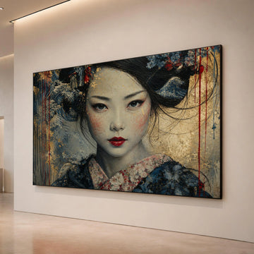 Elegant Geisha Portrait Canvas, Asian Woman Wall Art, Floral Kimono Canvas, Traditional Japanese Style, Contemporary Home Canvas Print Art