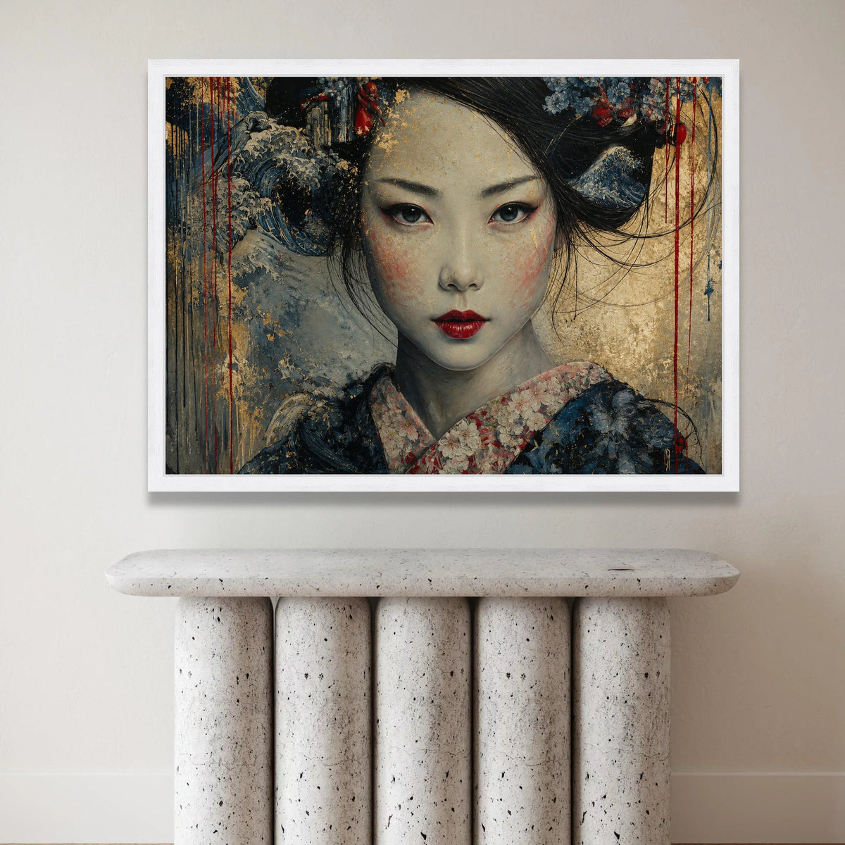 Elegant Geisha Portrait Canvas, Asian Woman Wall Art, Floral Kimono Canvas, Traditional Japanese Style, Contemporary Home Canvas Print Art