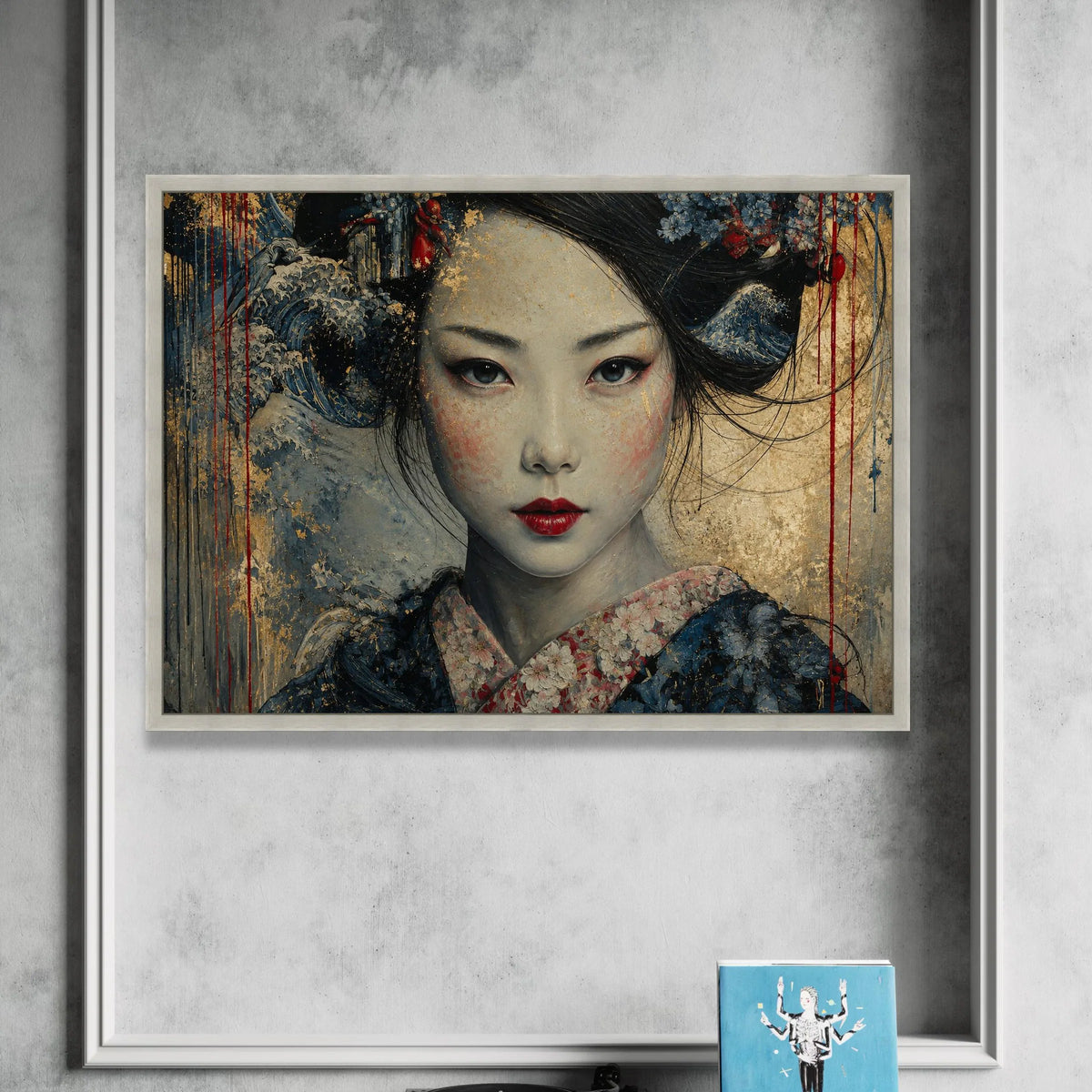 Elegant Geisha Portrait Canvas, Asian Woman Wall Art, Floral Kimono Canvas, Traditional Japanese Style, Contemporary Home Canvas Print Art