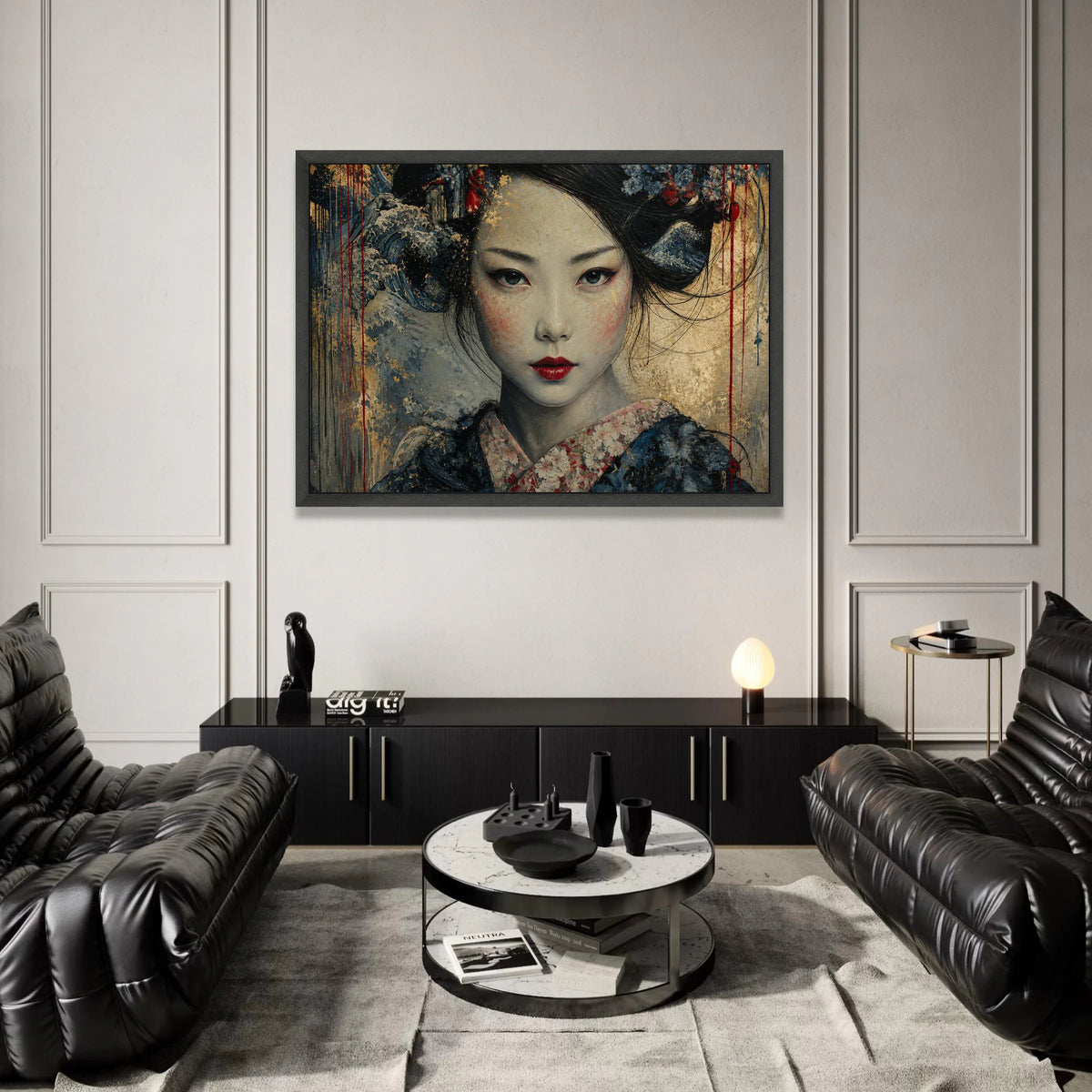 Elegant Geisha Portrait Canvas, Asian Woman Wall Art, Floral Kimono Canvas, Traditional Japanese Style, Contemporary Home Canvas Print Art
