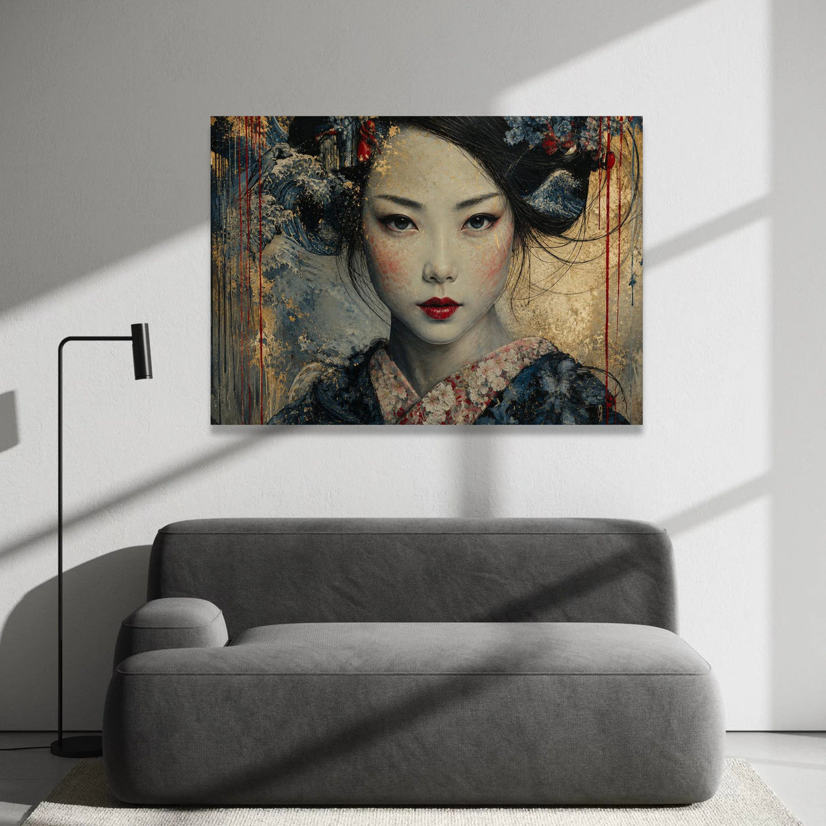Elegant Geisha Portrait Canvas, Asian Woman Wall Art, Floral Kimono Canvas, Traditional Japanese Style, Contemporary Home Canvas Print Art