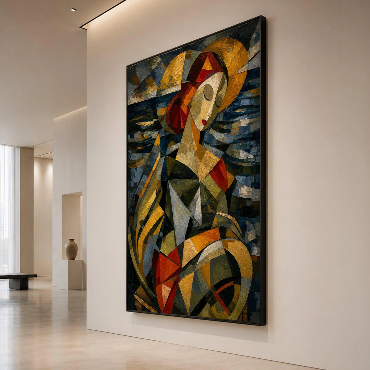 Abstract Cubist Woman Portrait, Geometric Shapes Canvas, Modern Figurative Art, Colorful Face Wall Art, Contemporary Home Canvas Print Art