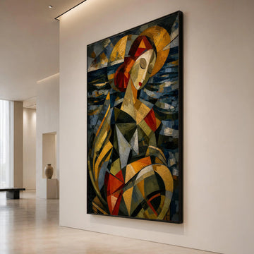 Abstract Cubist Woman Portrait, Geometric Shapes Canvas, Modern Figurative Art, Colorful Face Wall Art, Contemporary Home Canvas Print Art