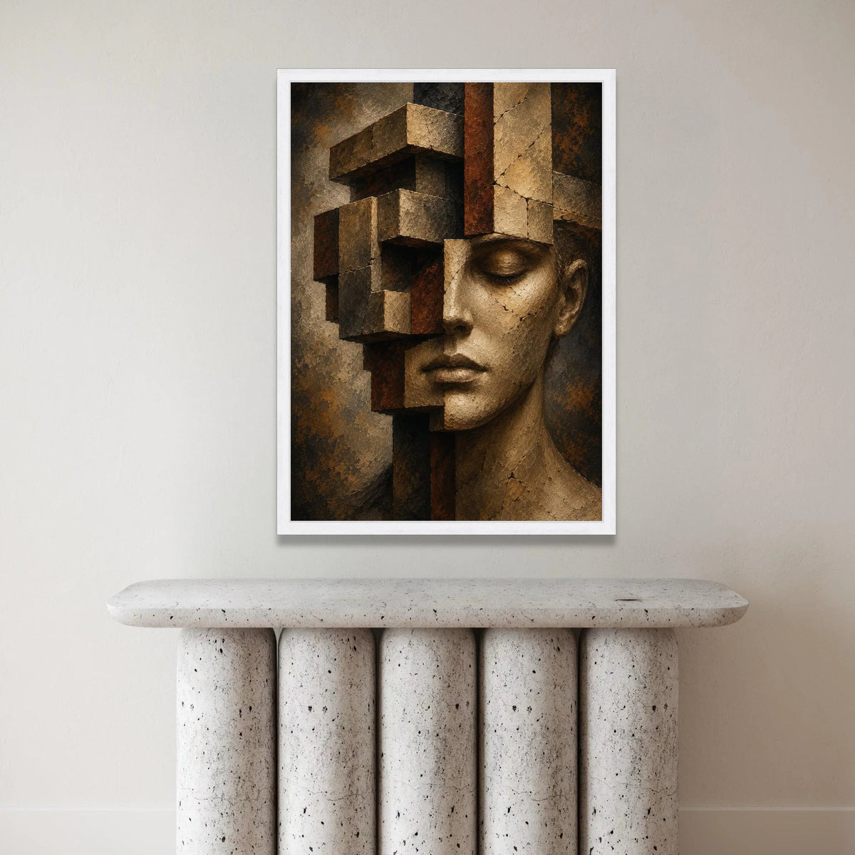 Abstract Human Face Sculpture Canvas, Geometric Fragmented Wall Art, Modern Surreal Home Decor, Contemporary Face Portrait Canvas Print Art