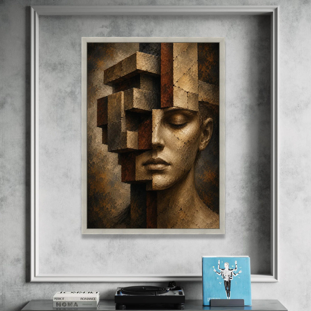 Abstract Human Face Sculpture Canvas, Geometric Fragmented Wall Art, Modern Surreal Home Decor, Contemporary Face Portrait Canvas Print Art