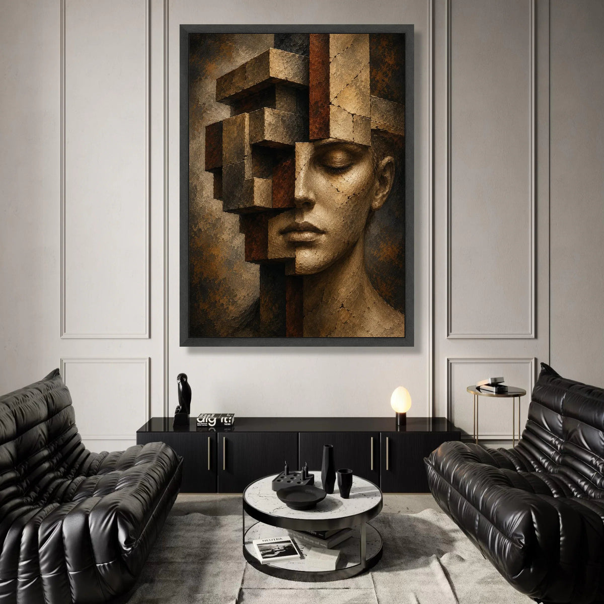Abstract Human Face Sculpture Canvas, Geometric Fragmented Wall Art, Modern Surreal Home Decor, Contemporary Face Portrait Canvas Print Art