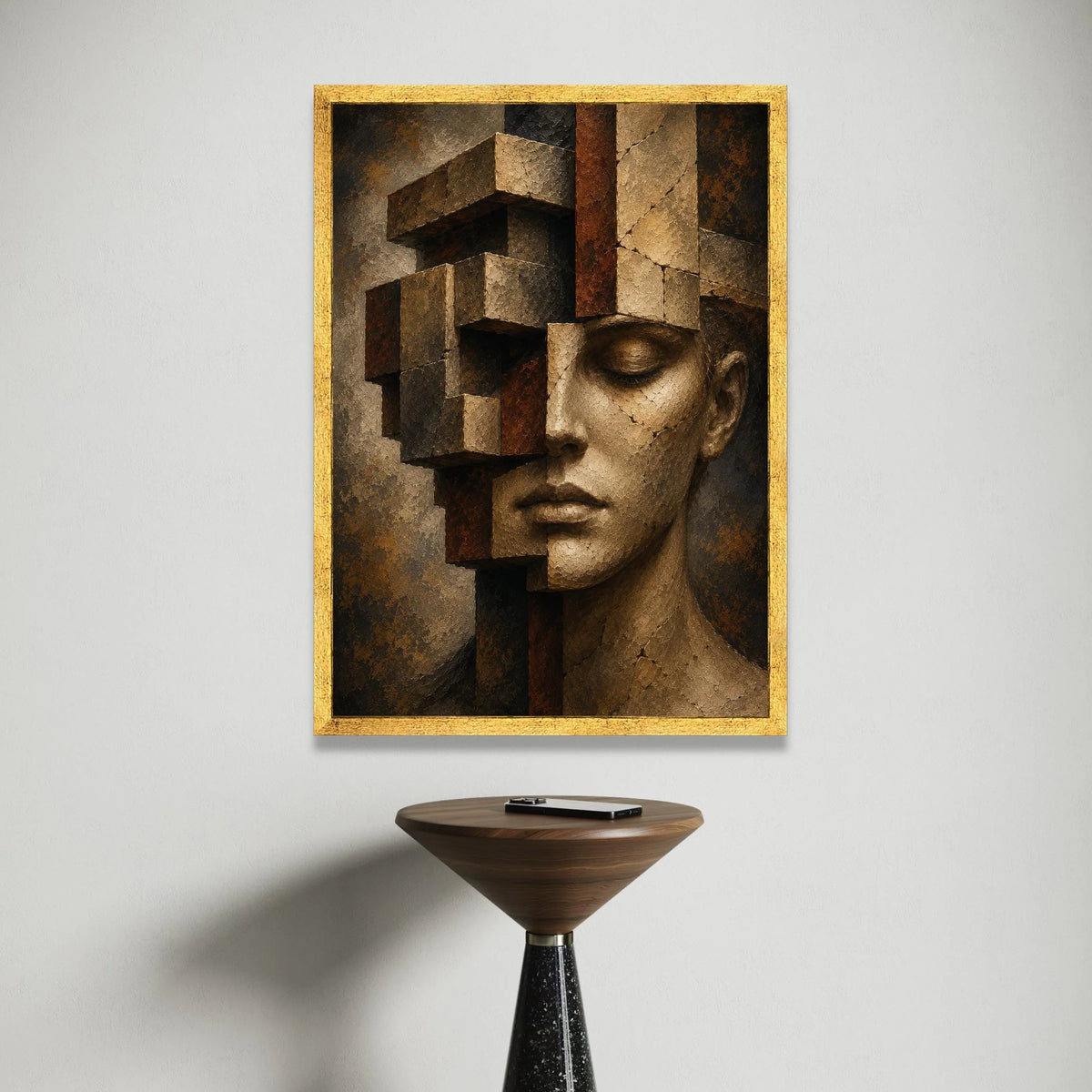 Abstract Human Face Sculpture Canvas, Geometric Fragmented Wall Art, Modern Surreal Home Decor, Contemporary Face Portrait Canvas Print Art