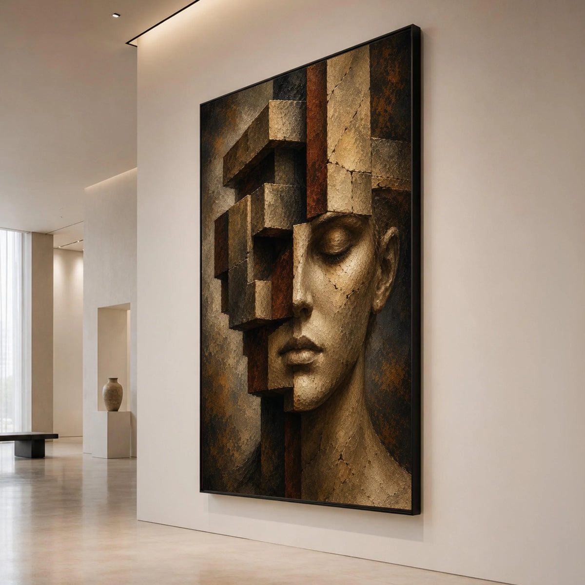 Abstract Human Face Sculpture Canvas, Geometric Fragmented Wall Art, Modern Surreal Home Decor, Contemporary Face Portrait Canvas Print Art
