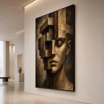Abstract Human Face Sculpture Canvas, Geometric Fragmented Wall Art, Modern Surreal Home Decor, Contemporary Face Portrait Canvas Print Art