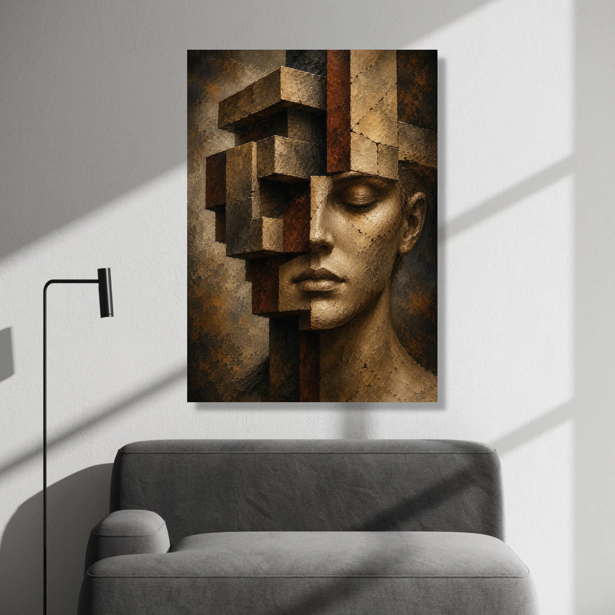 Abstract Human Face Sculpture Canvas, Geometric Fragmented Wall Art, Modern Surreal Home Decor, Contemporary Face Portrait Canvas Print Art
