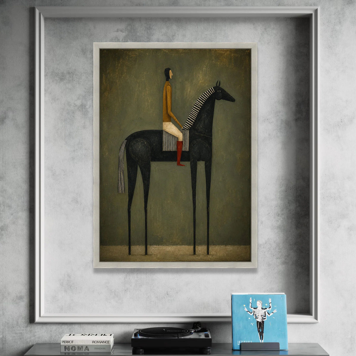 Modern Equestrian Portrait Canvas, Abstract Rider on Black Horse, Minimalist Wall Art, Contemporary Horse Painting, Home Canvas Print Art