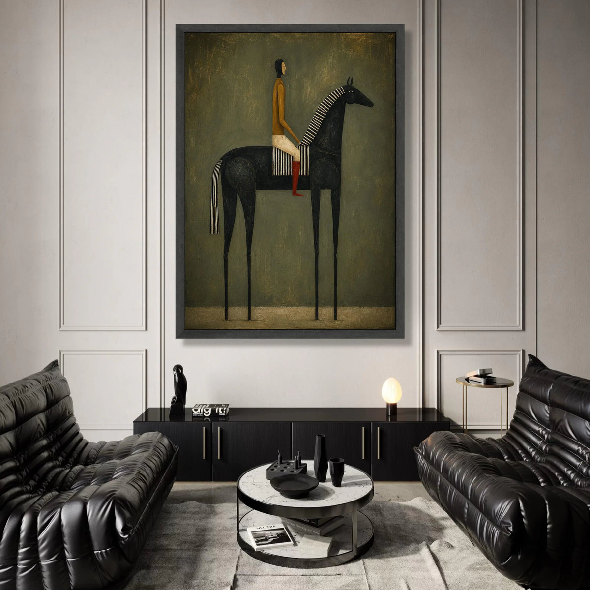 Modern Equestrian Portrait Canvas, Abstract Rider on Black Horse, Minimalist Wall Art, Contemporary Horse Painting, Home Canvas Print Art