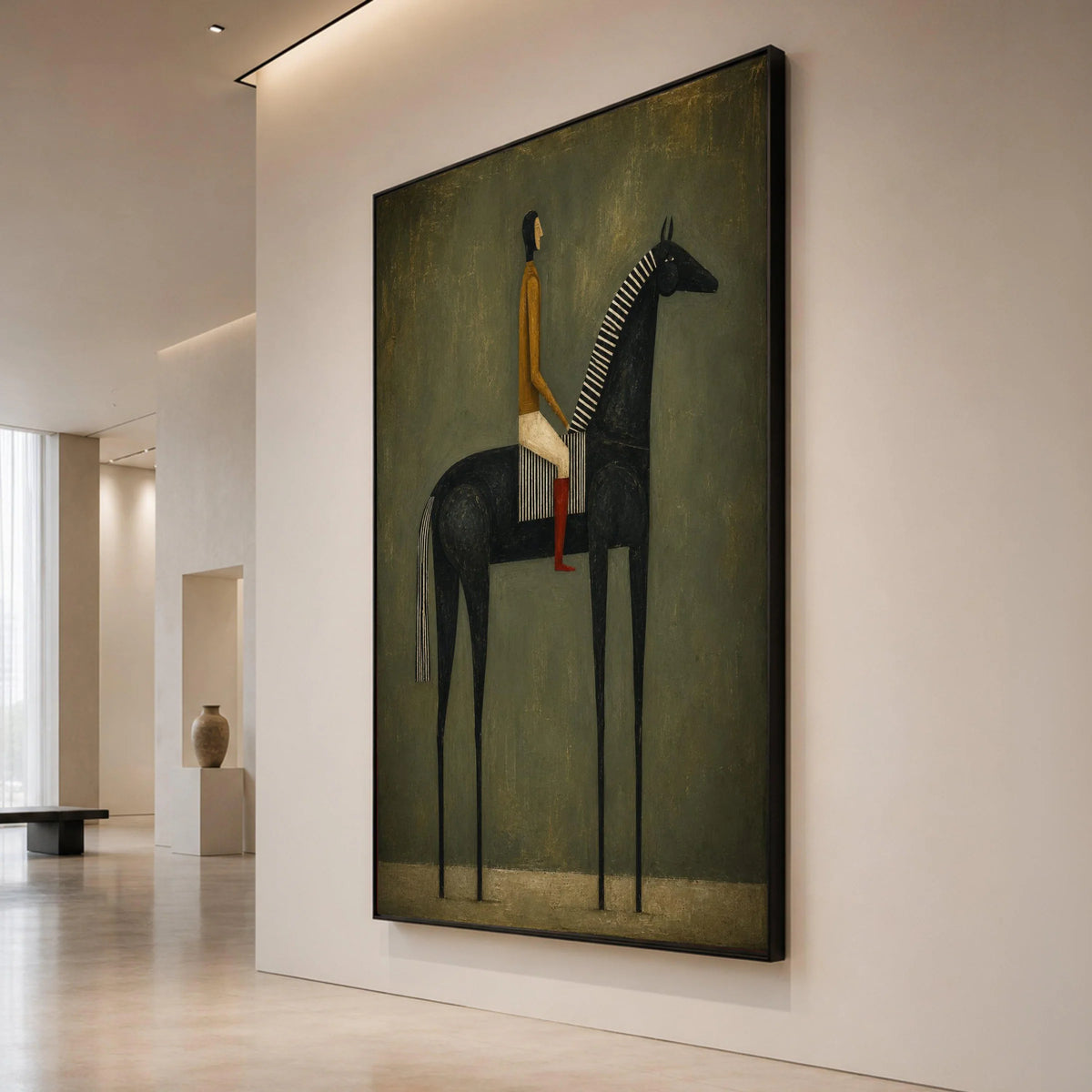 Modern Equestrian Portrait Canvas, Abstract Rider on Black Horse, Minimalist Wall Art, Contemporary Horse Painting, Home Canvas Print Art