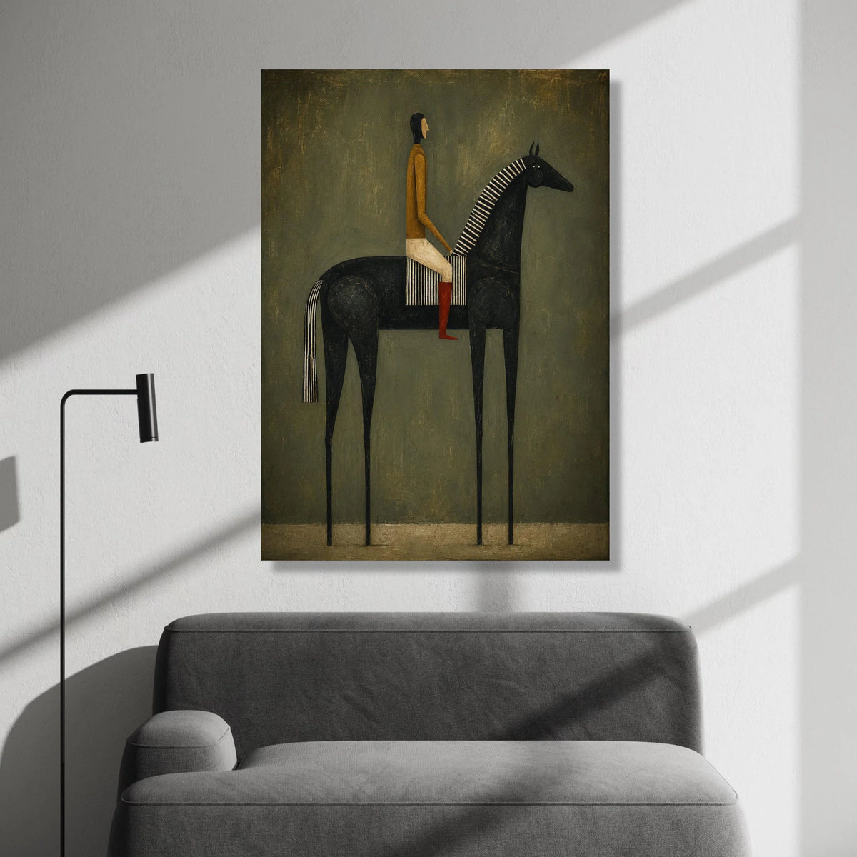 Modern Equestrian Portrait Canvas, Abstract Rider on Black Horse, Minimalist Wall Art, Contemporary Horse Painting, Home Canvas Print Art