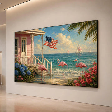 Coastal Flamingo Shore Canvas, American Flag Beach House Wall Art, Tropical Seascape Canvas, Summer Ocean View Decoration, Canvas Print Art