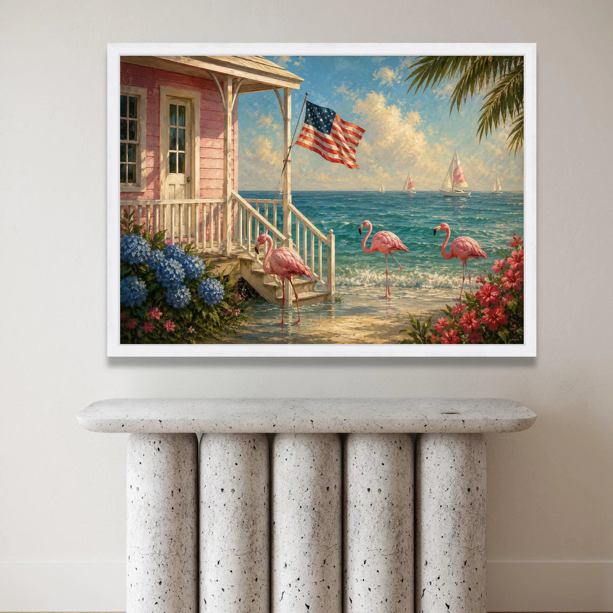 Coastal Flamingo Shore Canvas, American Flag Beach House Wall Art, Tropical Seascape Canvas, Summer Ocean View Decoration, Canvas Print Art