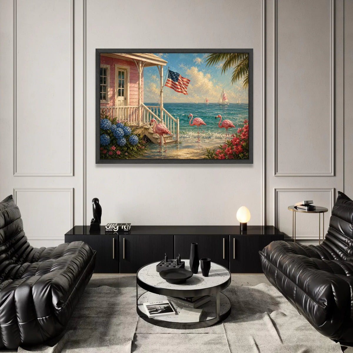 Coastal Flamingo Shore Canvas, American Flag Beach House Wall Art, Tropical Seascape Canvas, Summer Ocean View Decoration, Canvas Print Art