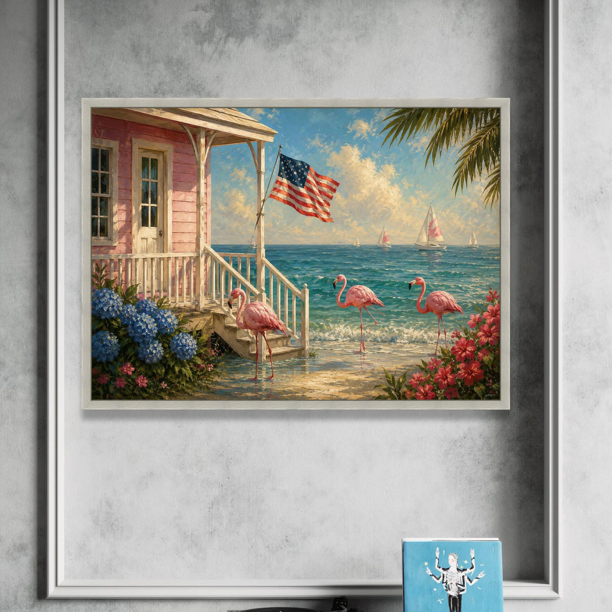 Coastal Flamingo Shore Canvas, American Flag Beach House Wall Art, Tropical Seascape Canvas, Summer Ocean View Decoration, Canvas Print Art