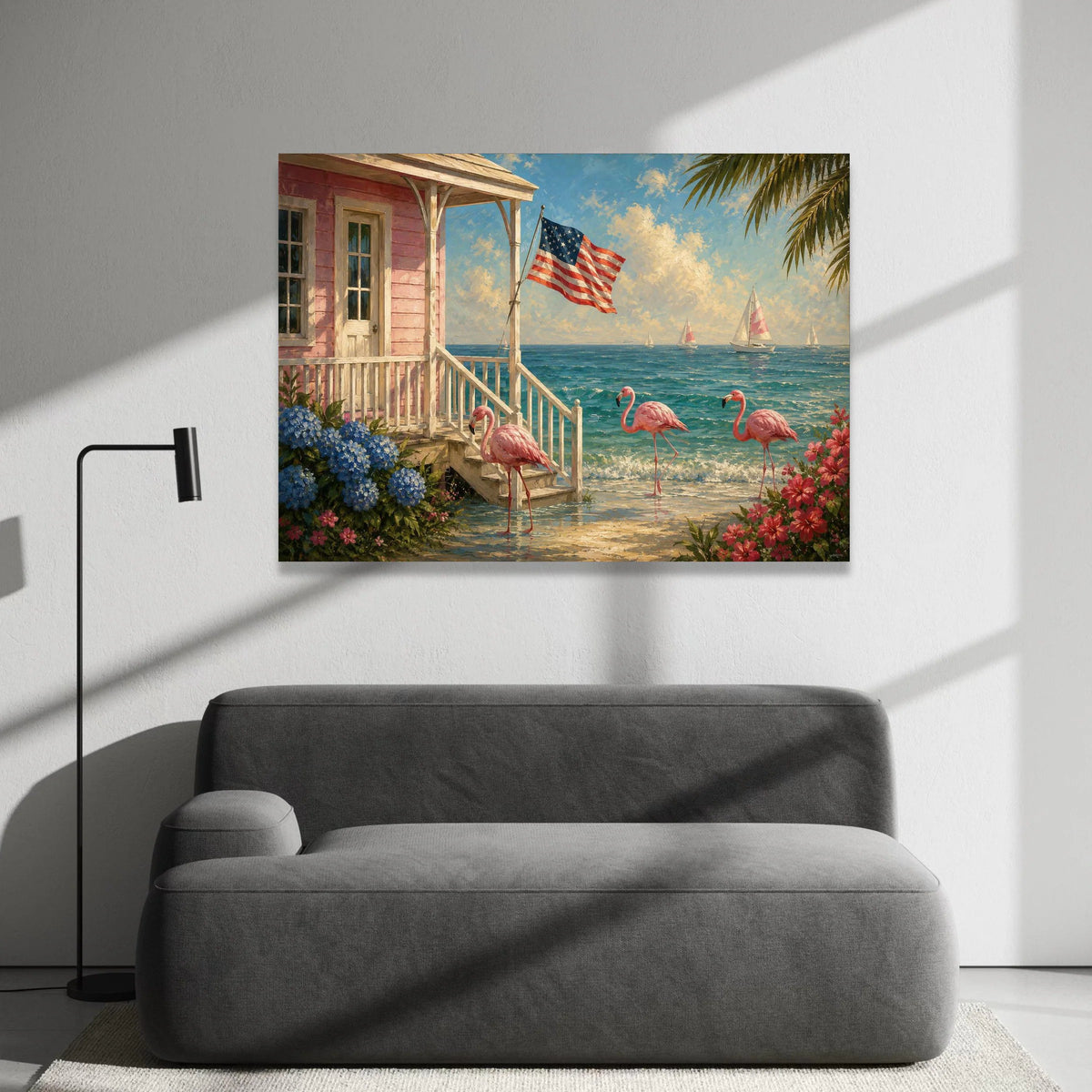 Coastal Flamingo Shore Canvas, American Flag Beach House Wall Art, Tropical Seascape Canvas, Summer Ocean View Decoration, Canvas Print Art