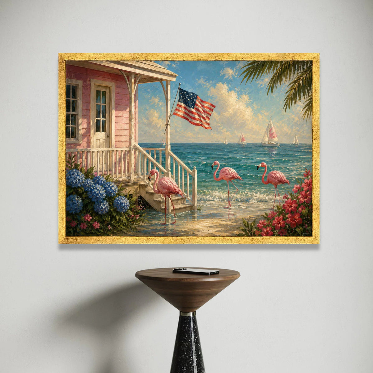 Coastal Flamingo Shore Canvas, American Flag Beach House Wall Art, Tropical Seascape Canvas, Summer Ocean View Decoration, Canvas Print Art