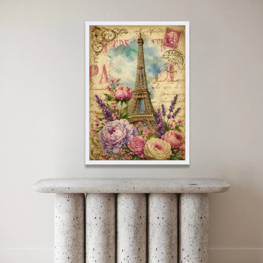 Vintage Paris Eiffel Tower Canvas, Floral Bouquet Wall Art, French Postcard Style, Romantic Home Decoration, Paris Travel Canvas Print Art