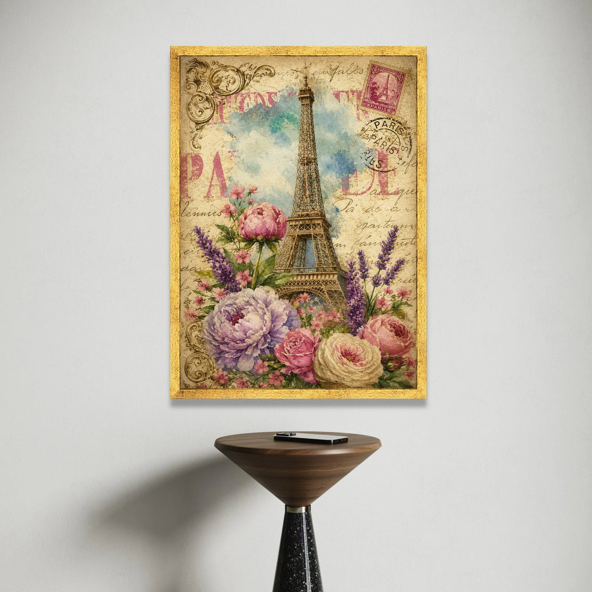 Vintage Paris Eiffel Tower Canvas, Floral Bouquet Wall Art, French Postcard Style, Romantic Home Decoration, Paris Travel Canvas Print Art