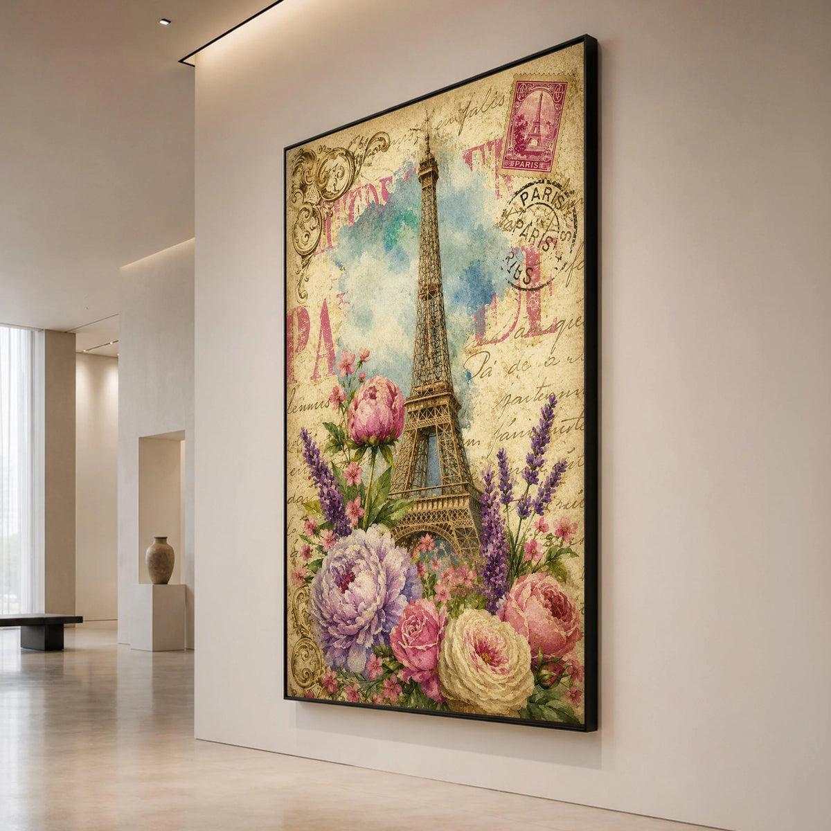 Vintage Paris Eiffel Tower Canvas, Floral Bouquet Wall Art, French Postcard Style, Romantic Home Decoration, Paris Travel Canvas Print Art