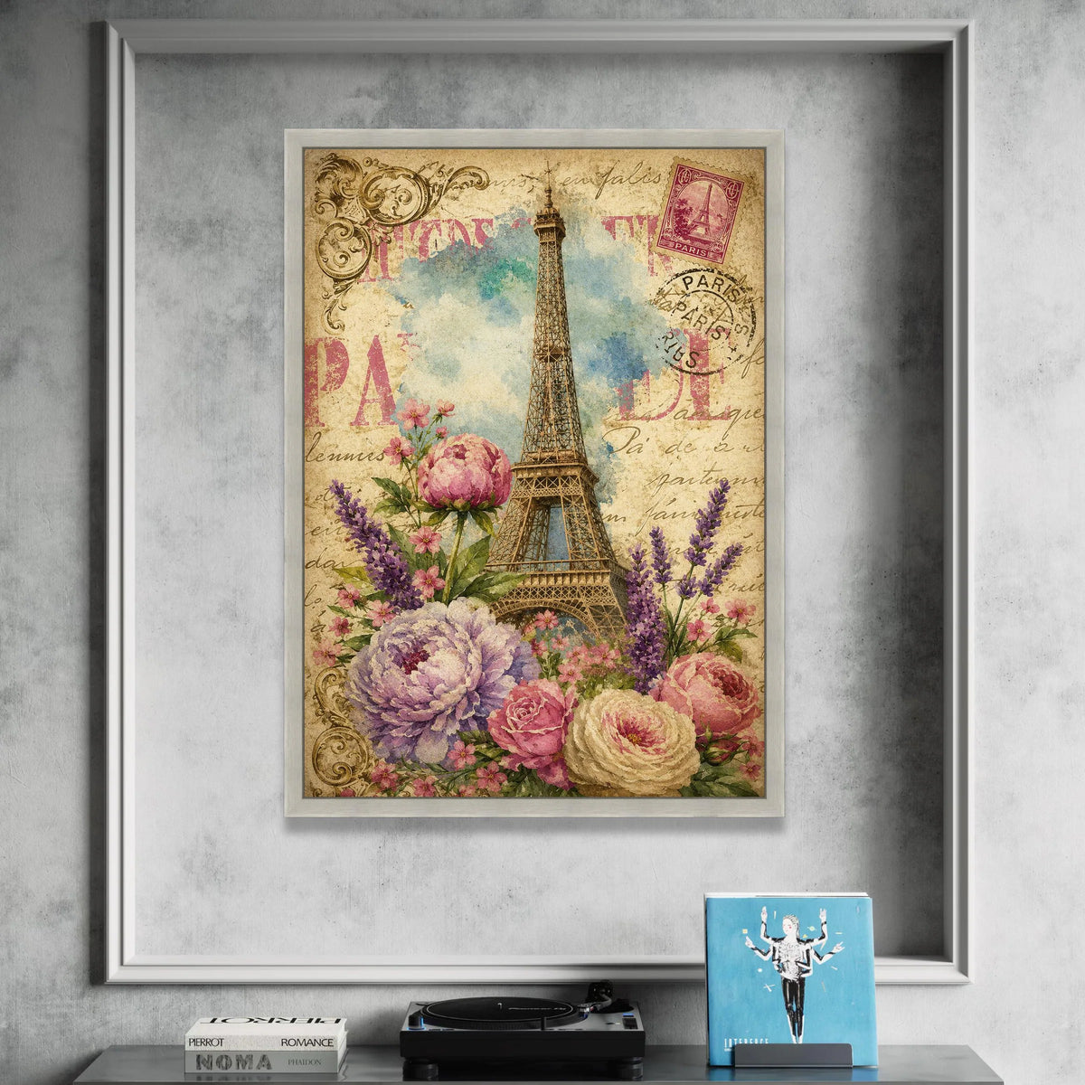 Vintage Paris Eiffel Tower Canvas, Floral Bouquet Wall Art, French Postcard Style, Romantic Home Decoration, Paris Travel Canvas Print Art