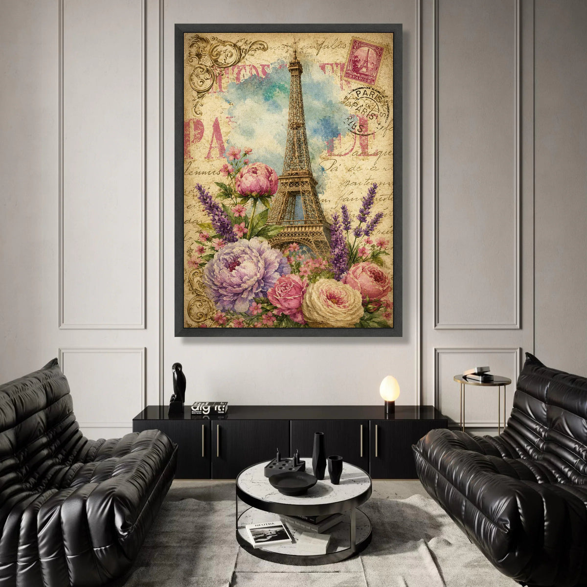 Vintage Paris Eiffel Tower Canvas, Floral Bouquet Wall Art, French Postcard Style, Romantic Home Decoration, Paris Travel Canvas Print Art