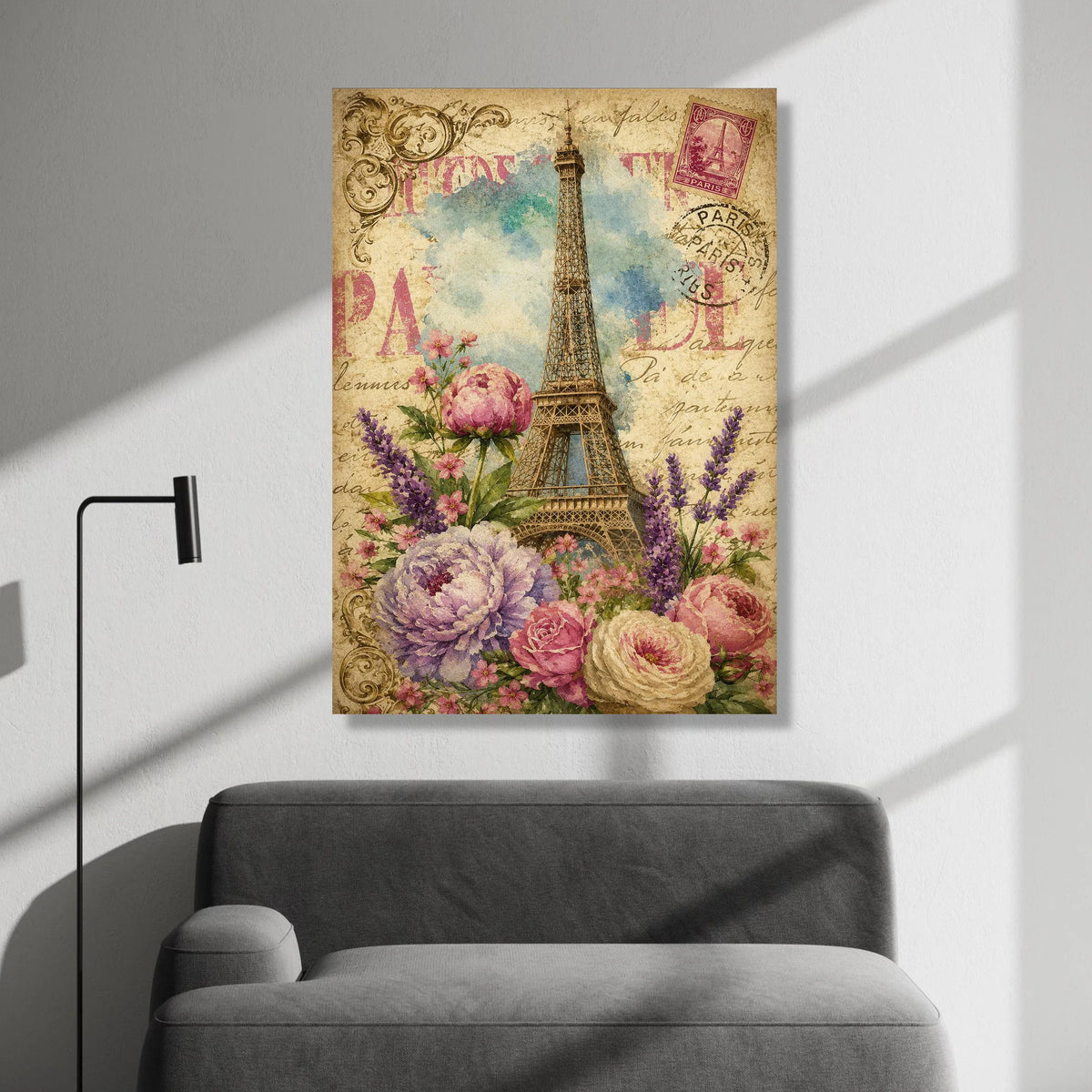 Vintage Paris Eiffel Tower Canvas, Floral Bouquet Wall Art, French Postcard Style, Romantic Home Decoration, Paris Travel Canvas Print Art