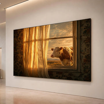 Golden Sunset View, Cow at Open Window Canvas, Rustic Farmhouse Wall Art, Country Home Decor, Warm Light Canvas Art, Nature Canvas Print Art