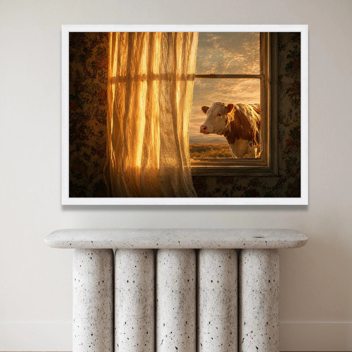 Golden Sunset View, Cow at Open Window Canvas, Rustic Farmhouse Wall Art, Country Home Decor, Warm Light Canvas Art, Nature Canvas Print Art