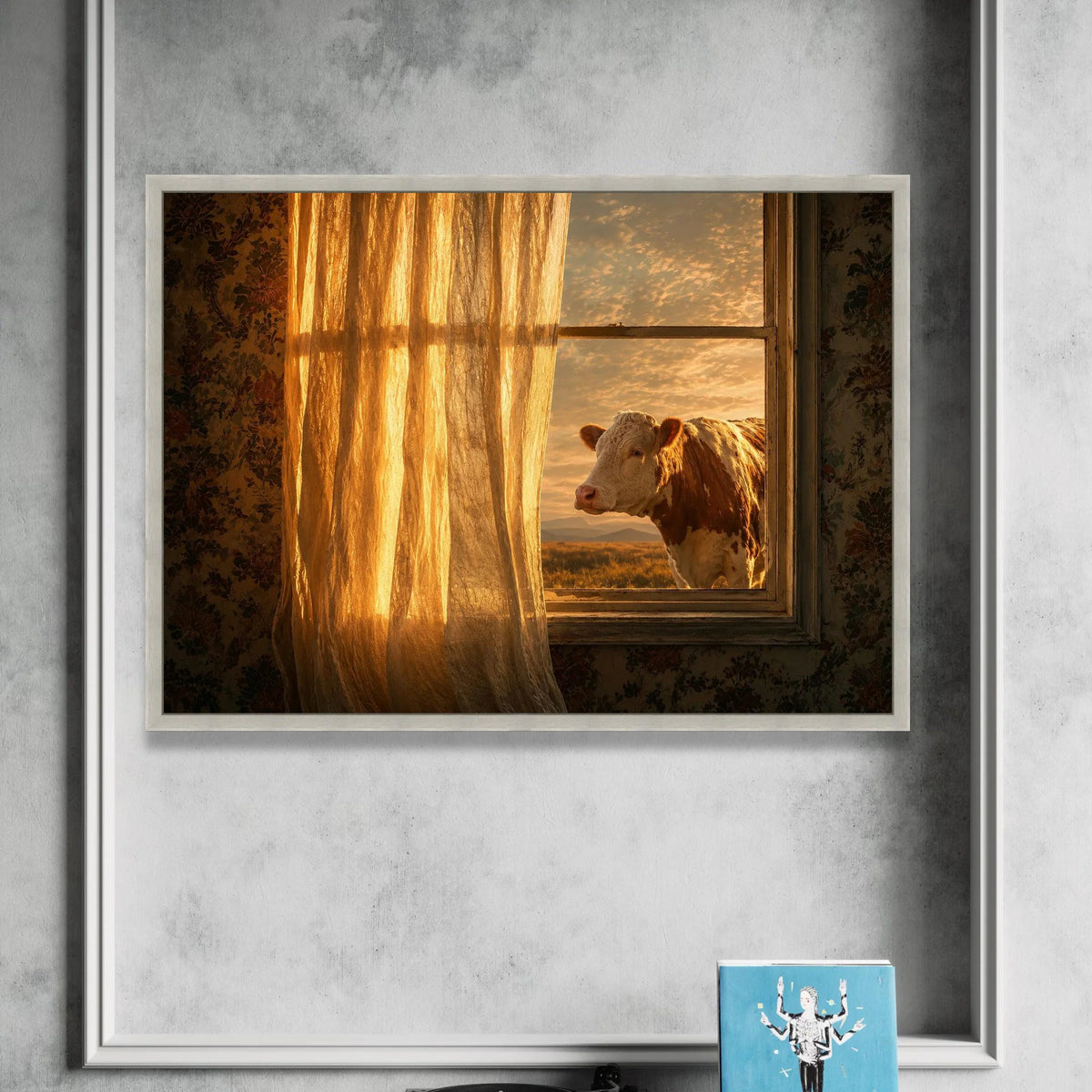 Golden Sunset View, Cow at Open Window Canvas, Rustic Farmhouse Wall Art, Country Home Decor, Warm Light Canvas Art, Nature Canvas Print Art